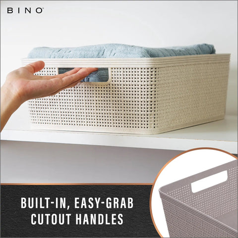 Small Natural Woven Plastic Basket 5 Pack Home Organization Closets Kitchen Bedrooms Space Saving Storage Bins with cutout handle and towel.