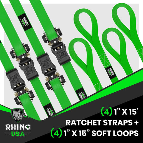 Tough As Nails Heavy Duty Ratchet Straps Tie Downs 4 Pack 1 Inch Wide By 15 Feet Long Featuring Quick Release S Hooks for luggage.