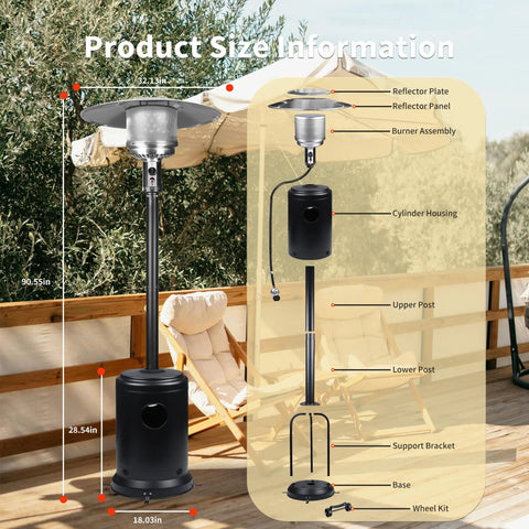 Diagram of 50,000 BTU Outdoor Propane Patio Heater with Wheels showing size dimensions and components against patio background.