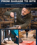 Rugged Step Drill Bit Set With M35 Cobalt HSS TiAlN Coating For Tough Jobs shown drilling metal, wood, and plastic.
