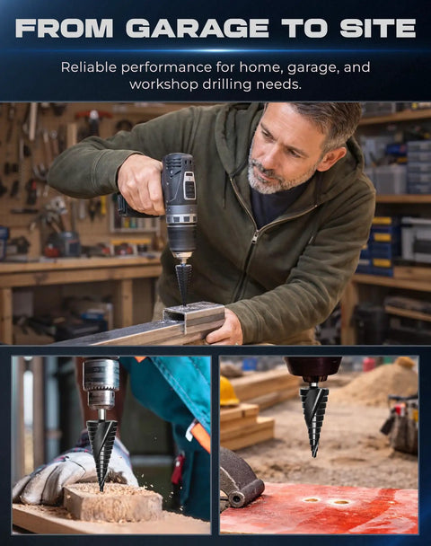 Rugged Step Drill Bit Set With M35 Cobalt HSS TiAlN Coating For Tough Jobs shown drilling metal, wood, and plastic.
