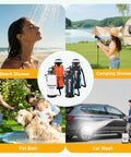 All In One Portable Shower For Camping Surf And Beach Use, orange tank, beach, camping, pet bath, car wash scenes displayed