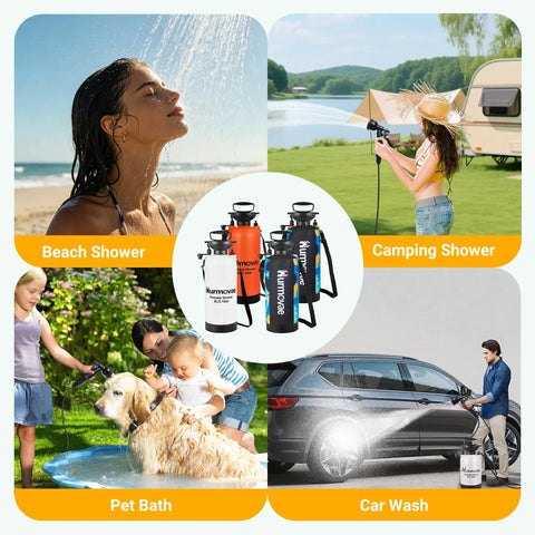 All In One Portable Shower For Camping Surf And Beach Use, orange tank, beach, camping, pet bath, car wash scenes displayed
