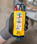 Vol-Con Solenoid Voltage Tester With Vibration Alert, Continuity Function, held by hand, showing AC DC Voltage Detection, yellow tool