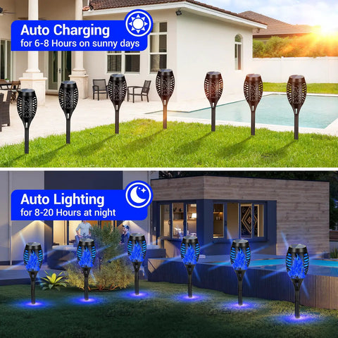 12 Pack Solar Tiki Torch Lights Outdoor Waterproof Blue Flickering Flame For Yard Garden Pathway Patio Ambiance Easy Setup Energy Saving Lit Night Lighting in day and night settings.