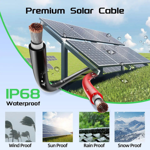 Heavy Duty Solar Panel Wire Set 50 Ft Black And Red 10 AWG PV Tinned Copper Extension Cable with solar panels and weather icons