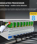 Heavy Duty Eight Channel Battery Tester With Five Amp Charge Discharge Sync Voltage Equalizer For 18650 21700 Lipo LifePo4 Cells Pro Grade Pack Builder Tool showing modular design and channel indicator.