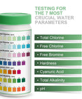 7 In 1 Pool Test Kit With 100 Strips For Home Pool Care Accurate pH Total And Free Chlorine Bromine Hardness Alkalinity And Cyanuric Acid Testing For Pools Hot Tubs And Spas Easy To Read And User Friendly bottle with test results chart