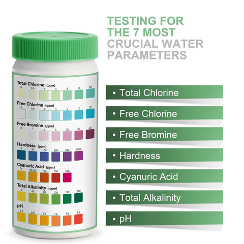 Essential 7 In 1 Pool And Spa Test Strips Kit with testing chart for chlorine, bromine, pH, alkalinity, hardness, cyanuric acid.