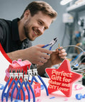 Six Piece Wire Cutters Set With Six Inch Precision Flush Cutters Plus Side Cutters used by a smiling man for electrical work.