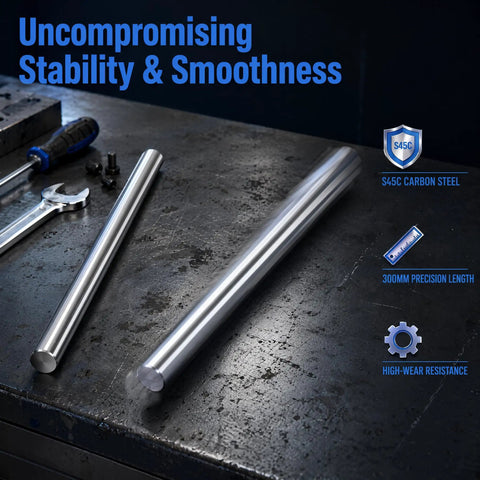 6mm x 300mm Linear Motion Rods Two Pack S45C Carbon Steel Shafts With Hard Chrome Plating HRC 60 Plus Minus 2 on metal surface