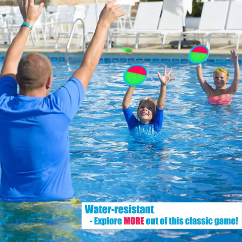 Kids playing in pool with Toss And Catch Ball Set For Kids Outdoor Yard Games Beach Toy With 4 Paddles And 4 Balls Upgraded Durable Version