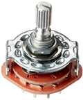 Two Pack 1P11T Rotary Switch 1 Pole 11 Position With Knurled 6Mm Shaft, 9Mm Thread Diameter, 20Mm Shaft Length, 24 X 38Mm Metal Plastic Body, 12 Pin Terminal, DIY Electronics, Audio, And Hobby Projects. Metal rotary switch with threaded shaft and 12-pin terminals