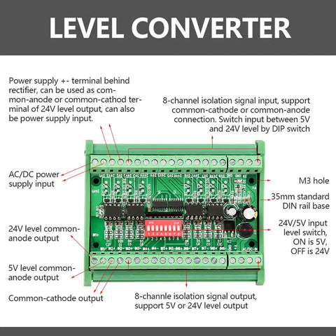 Diagram of 8 Channel Level Converter Module For 5V To 24V Mutual NPN PNP Square Wave 10MHz PLC Ready with labeled components.