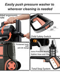 Close-up of Beast Mode Cleaning Power With 5000 Max PSI Pressure Washer features, including ergonomic handle and child safety switch.