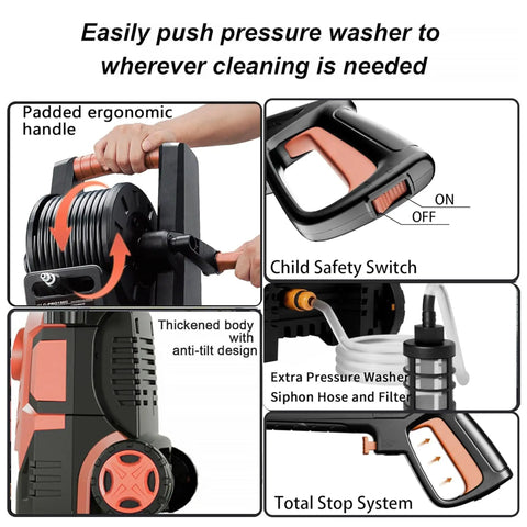 Close-up of Beast Mode Cleaning Power With 5000 Max PSI Pressure Washer features, including ergonomic handle and child safety switch.