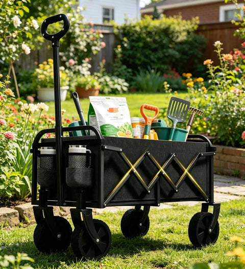 Foldable Wagon With Wheels Grab And Go Portable Collapsible Cart For Camping Groceries Garden And Sports Lightweight 10 Lb Utility Wagon With Flexible Handle Black in garden with tools inside