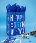 Blue Large Gift Bags Set With Greeting Card And Tissue Paper For Birthday Bash Parties 13 Inch Size Ideal For Men Dads Grandpas Boys Baby Boy Gift Wrapping Kit featuring blue bag with happy birthday design.