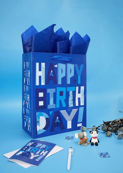 Blue Large Gift Bags Set With Greeting Card And Tissue Paper For Birthday Bash Parties 13 Inch Size Ideal For Men Dads Grandpas Boys Baby Boy Gift Wrapping Kit featuring blue bag with happy birthday design.
