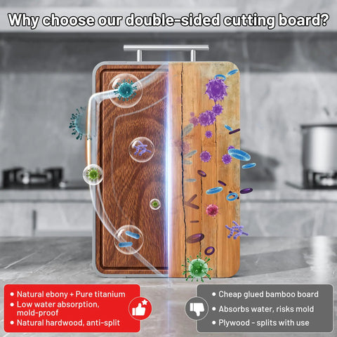 Two In One Titanium And Ebony Wood Cutting Board with Handle and Juice Groove, double sided showing durable kitchen prep surfaces.