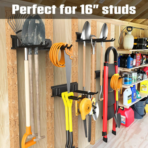Wall Mounted Garden Tool Organizer For Garage Heavy Duty Tool Rack With 11 Inch Hooks Holds Shovels Rakes Ladders And Folding Chairs Space Saving Wall Storage With Up To 400 Lbs