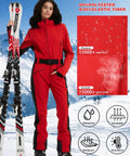 Woman in red ski suit with skis, highlighting waterproof and breathable fabric. Women Slim Fit One Piece Ski Suit Insulated Snow Jumpsuit Waterproof Windproof Winter Sports Gear Warm Light Blue Size S For Snowboarders And Skiers All Weather Winter Wear.