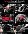 Six Piece Motorcycle Cleaning Kit With Boar Hair Detailing Brush Pro showing various tools for cleaning chrome, chains, tires.