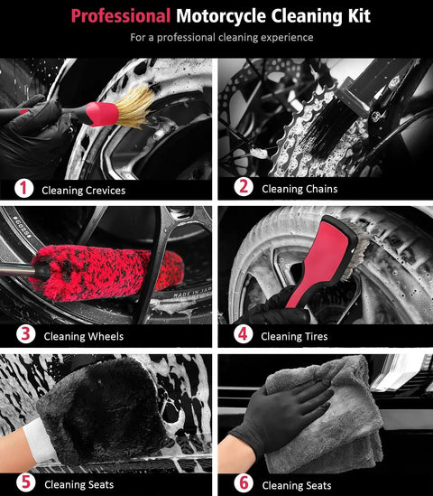 Six Piece Motorcycle Cleaning Kit With Boar Hair Detailing Brush Pro showing various tools for cleaning chrome, chains, tires.
