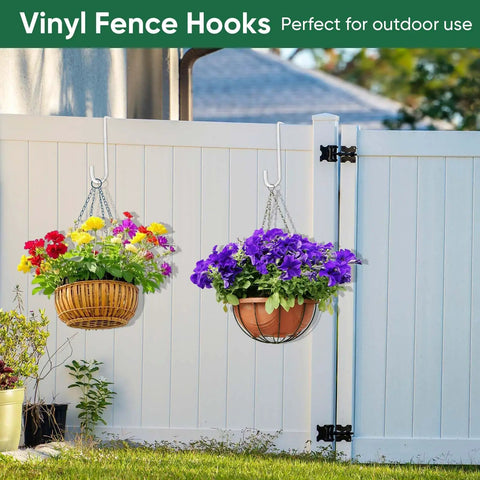 Six Pack 6 Inch Vinyl Fence Hooks White Powder Coated Steel Hangers holding planters on a white fence in an outdoor garden