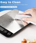 33 Lb Digital Kitchen Scale With 1 Gram Accuracy, USB Rechargeable, Stainless Steel Platform being wiped clean