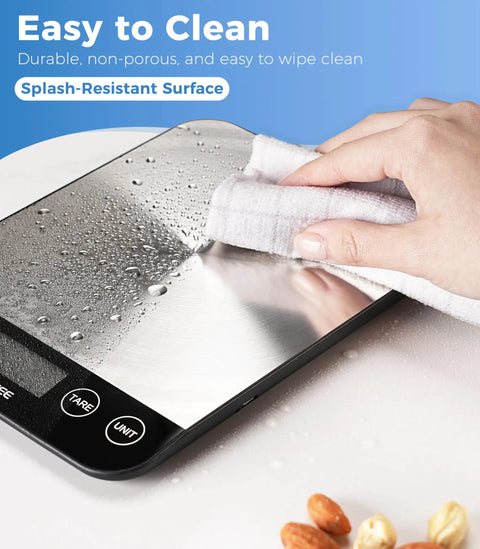 33 Lb Digital Kitchen Scale With 1 Gram Accuracy, USB Rechargeable, Stainless Steel Platform being wiped clean