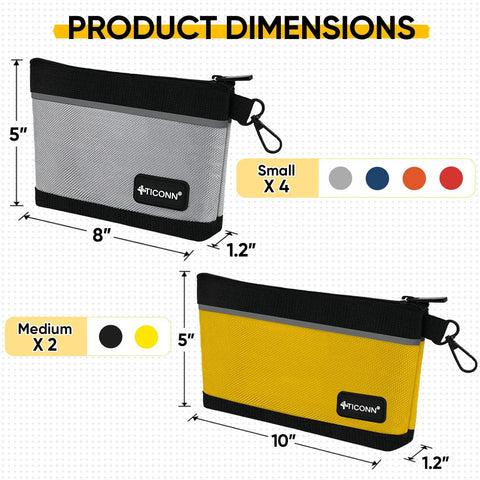 Product dimensions of Heavy Duty Tool Pouches With Zipper Six Pack Waterproof 1680D Oxford Small Tool Bags for organizing gear.