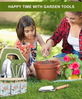 9 Piece Garden Tools Set For Women with Rust Proof Stainless Steel spades and floral tool bag next to mother and daughter gardening