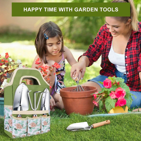 9 Piece Garden Tools Set For Women with Rust Proof Stainless Steel spades and floral tool bag next to mother and daughter gardening