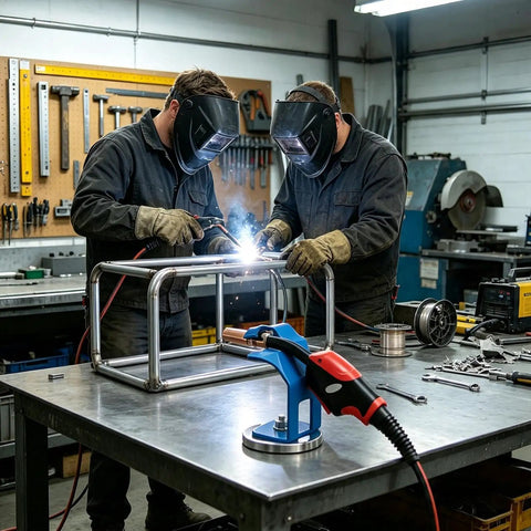 Heavy Duty Magnetic Welding Torch Holder With Strong Base And Anti-Slip Design Perfect For Hands-Free MIG Welding Stand In Workshop in use at a metalworking table.