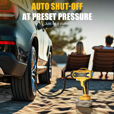 Cordless Tire Inflator Air Compressor With Dewalt 20V Battery Compatibility inflating car tire on beach