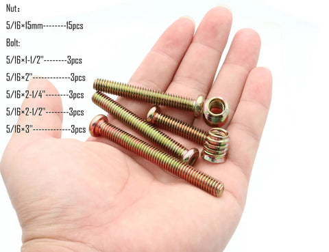 Top Shelf Threaded Insert Nut And Bolt Assortment Kit Zinc Plated Carbon Steel showing various sizes of bolts and nuts in hand.