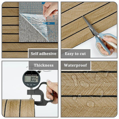 4 images showing 3D Brown Wood Wall Panels Peel And Stick Acoustic Slat Paneling For Bedroom Living Room Office DIY Friendly Easy Install Self Adhesive Veneer Wood Slats For Sound Dampening And Modern Decor 197 X 11.8 In features: self-adhesive, easy to cut, thickness measurement, waterproof surface
