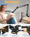 Woman using 12X Ultra Long 3-Section Swing Arm Lighted Magnifying Glass With Stand, Rectangle 5.3 By 3.2 Inch Large Magnifier Lamp, 5 Color Modes, 4-Way Metal Clip On Workbench Light For Reading Hobby Craft Green at a table