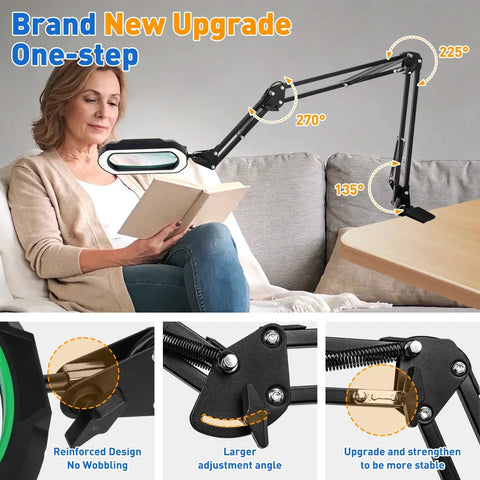 Woman using 12X Ultra Long 3-Section Swing Arm Lighted Magnifying Glass With Stand, Rectangle 5.3 By 3.2 Inch Large Magnifier Lamp, 5 Color Modes, 4-Way Metal Clip On Workbench Light For Reading Hobby Craft Green at a table