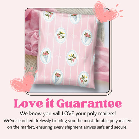 Cute Pink 10x13 Poly Mailers Pack Of 100 For Clothing Shipping with Strawberry Bouquet Design and Love it Guarantee