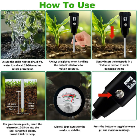 Instructions for using the 295mm Long Soil Moisture Sensor And PH Tester Probe Kit For Plants Trees Lawns Farms Indoor And Outdoor Use