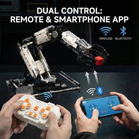 STEM remote-controlled robotic arm building kit; white modular parts with orange-button remote and smartphone app control.