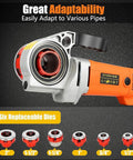 Dead Serious Pro Grade Electric Pipe Threader 2300W Copper Motor with six dies adapts to various pipe sizes, showcasing tool detail.