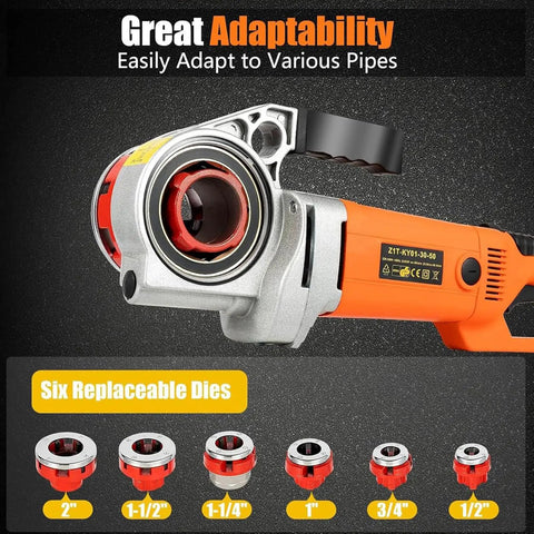 Dead Serious Pro Grade Electric Pipe Threader 2300W Copper Motor with six dies adapts to various pipe sizes, showcasing tool detail.