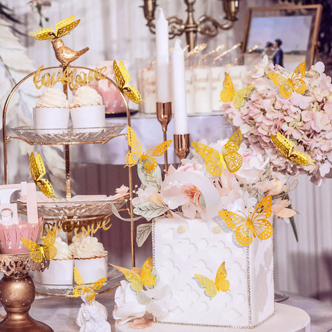 Gold 3D Butterfly Wall Decor Set With 48 Removable Stickers, metallic butterflies on floral birthday party centerpiece display