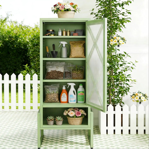 Heavy Duty Outdoor Storage Cabinet In Sage Green With Waterproof Rust Resistant Steel Construction, open to show shelves.