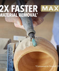 Close-up of Tough As Nails 5/16 Inch Ball Nose Rotary Carving Bit tearing through wood with fast material removal.