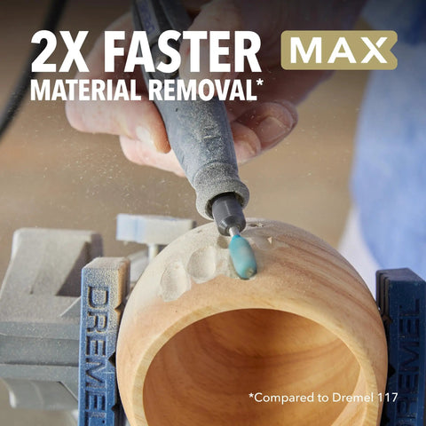 Close-up of Tough As Nails 5/16 Inch Ball Nose Rotary Carving Bit tearing through wood with fast material removal.