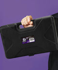 Person holding black toolbox for 152 Piece Basic Household Hand Tool Set With Toolbox Storage Case All Purpose Home Tool Kit Includes Essential Tools For Office And College Repairs Purple.